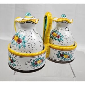 Sorrento Italian Majolica Ceramic Oil and Vinegar Cruet Set with Caddy Floral